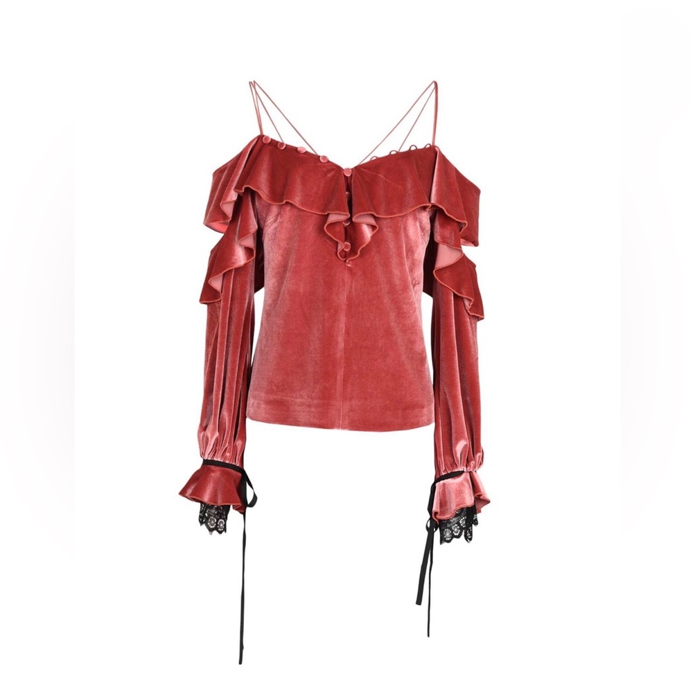 BNWOT SELF PORTRAIT OFF SHOULDER VELVET FRILL TOP WITH LACE DETAIL SIZE 6!